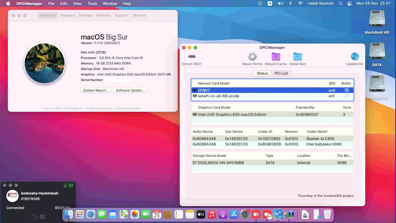 Success Hackintosh macOS Big Sur 11.7.10 Build 20G1427 in MSI MAG Z390M Mortar + Intel Core i9 9900K